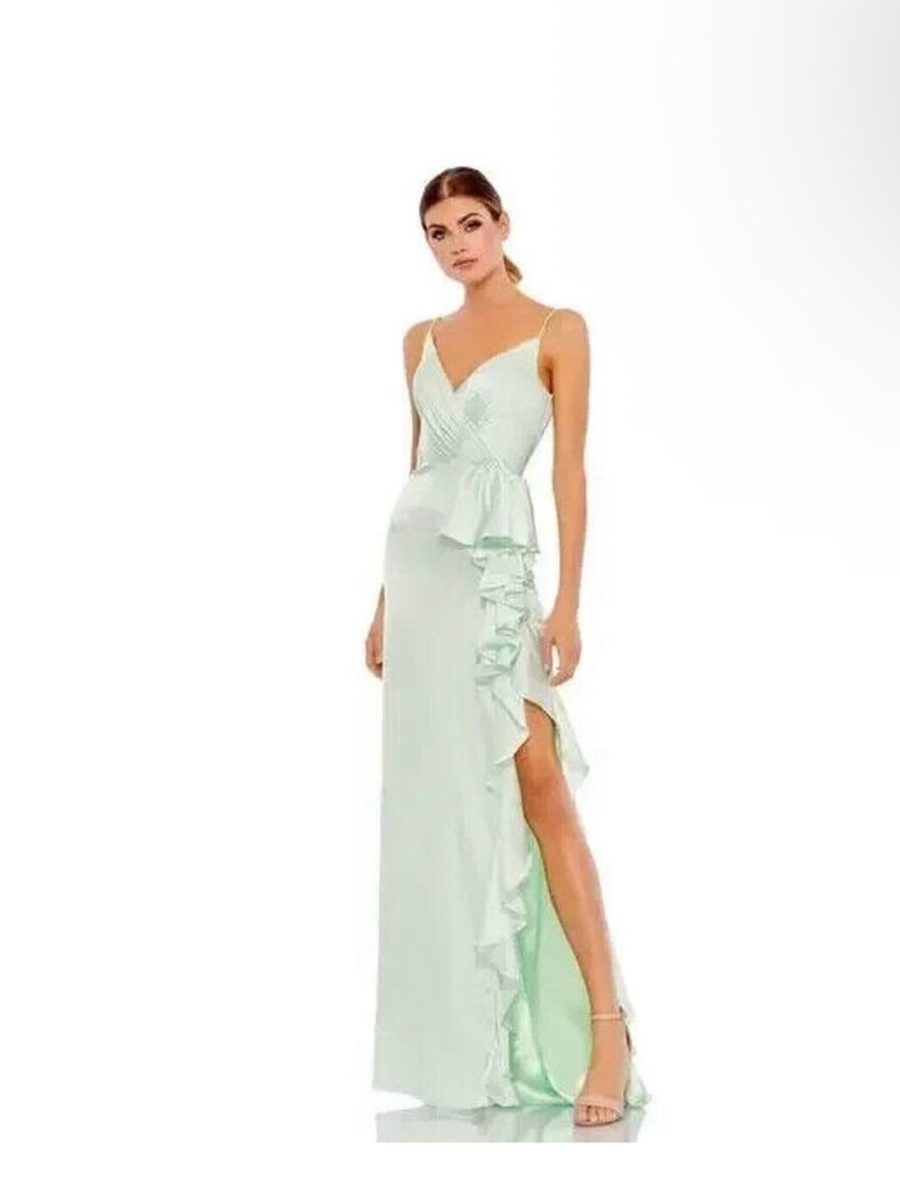 Mac Duggal Pistachio Green Ruffle Satin Trumpet Gown Size 2 $338